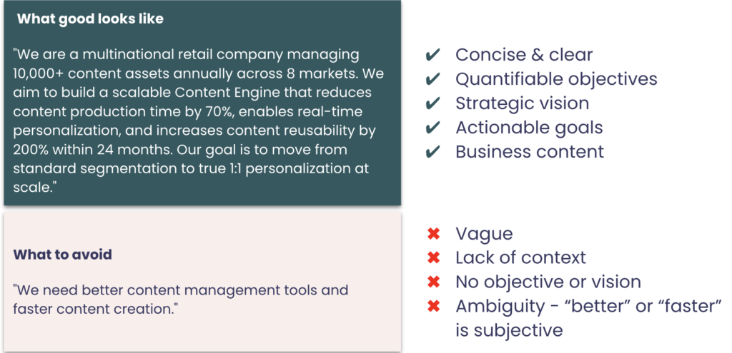 Example of a what a good executive summary looks like in an RFP: "We are a multinational retail company managing 10,000+ content assets annually across 8 markets. We aim to build a scalable Content Engine that reduces content production time by 70%, enables real-time personalization, and increases content reusability by 200% within 24 months. Our goal is to move from standard segmentation to true 1:1 personalization at scale."It's Concise & clear, has Quantifiable objectives, has a Strategic vision, Actionable goals and Business content 